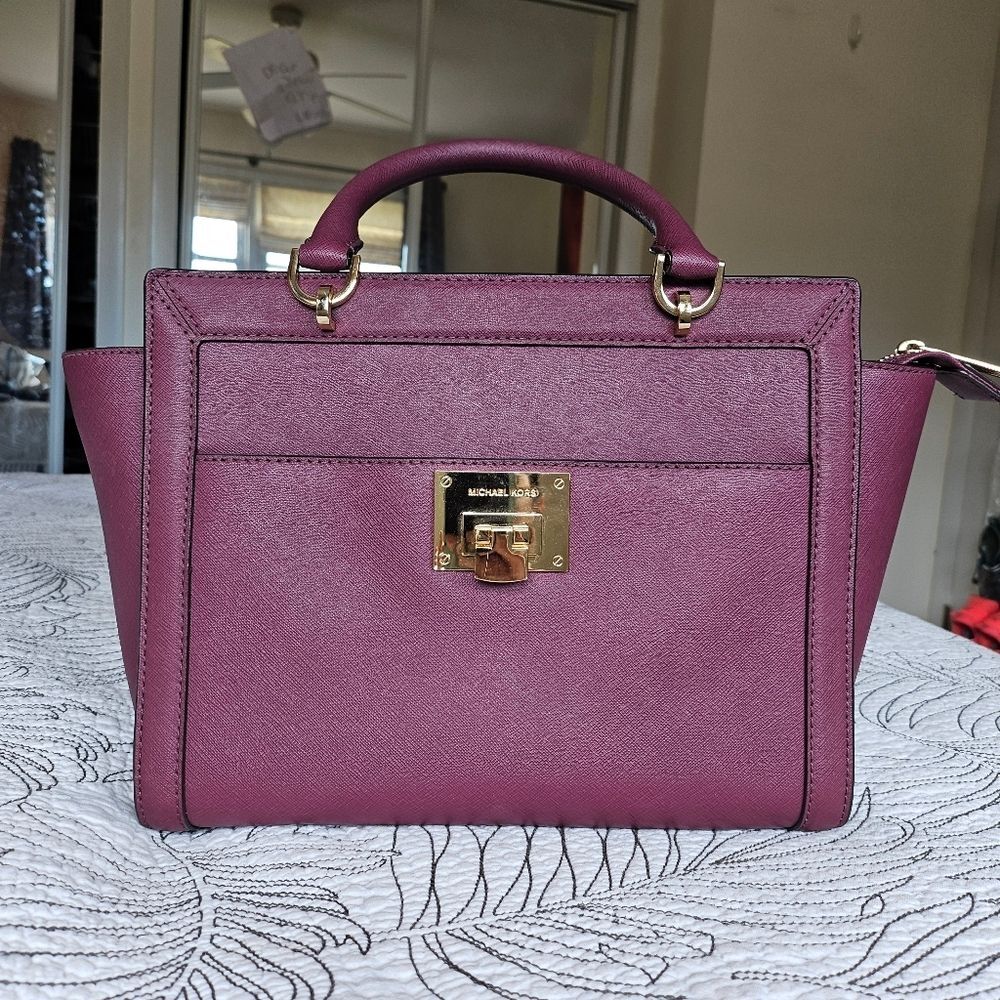 VGUC Michael Kors Black Tina Small Satchel Crossbody Purple Saffiano Leather